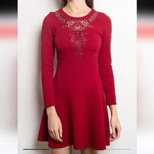 The Kooples Red Fit and Flare Dress Lace Neckline Long Sleeve Textured Mini S